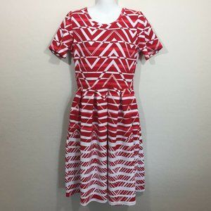 LuLaRoe Womens Amelia Short Sleeve Dress Pleated Red White Geometric Large